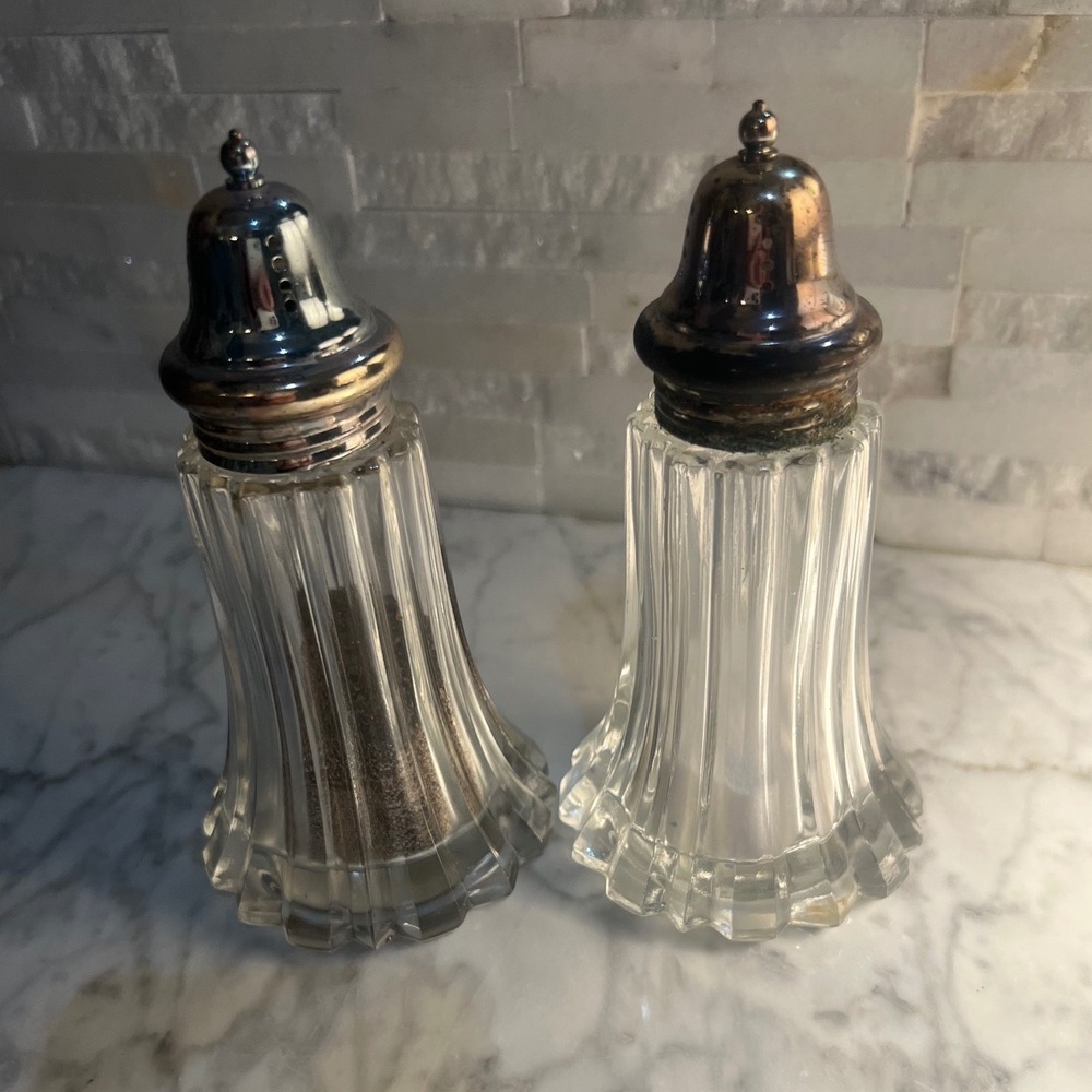 Vintage Fluted Glass Salt and Pepper Shakers Silver Plated Lids Set of 2